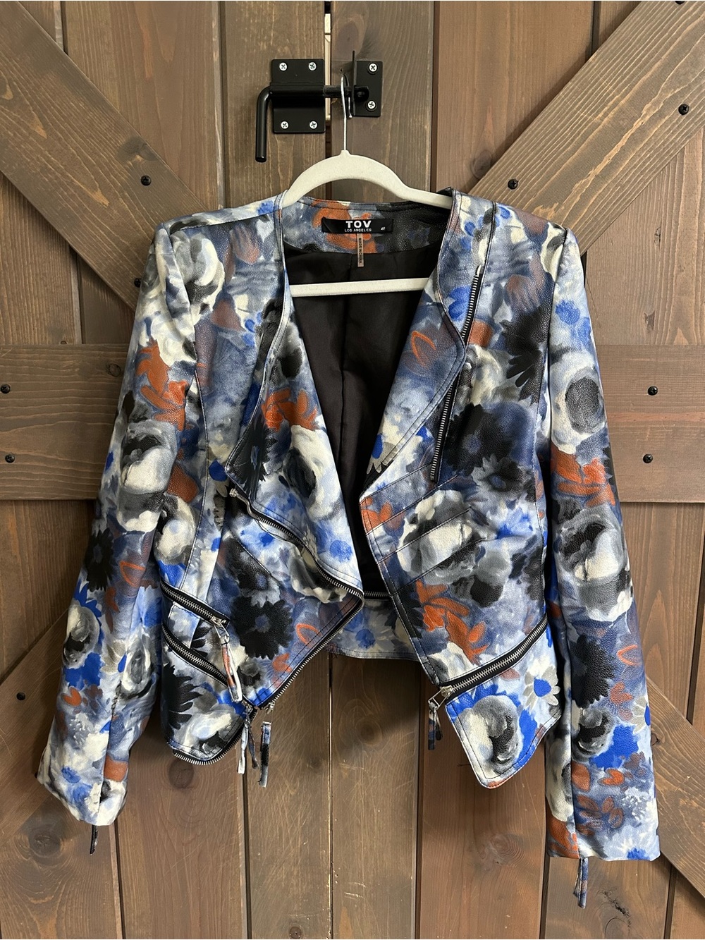 Floral Printed Cropped Moto Jacket in Blue Multi
